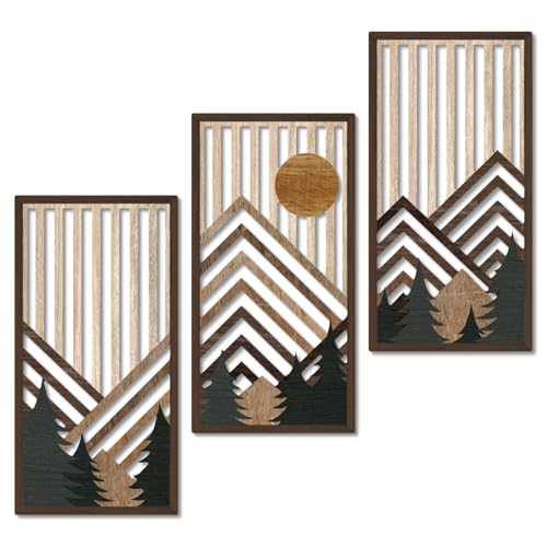 Putuo Decor Boho Mountain Wall Art Set of 3, Rustic Wooden Wall Decor, Nature-Inspired Geometric Artwork, Mid-Century Modern Aesthetic for Living Room, Bedroom, Office Brown 16.5 x 8.6 inch