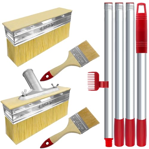 2 Pack Deck Stain Brush with Threaded Long Handle 7 Inch Deck Stain Applicator 60 Extension Pole Deck Stain Applicator with 3 Paint Brushes Set for Painting Wood Deck Fence Wall and Furniture