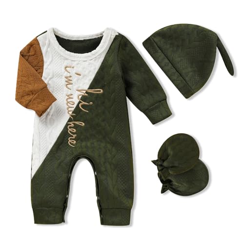Image of GRNSHTS Newborn Baby Boy Romper Coming Home Outfits Letter Print Bodysuit Jumpsuit+Hat+Gloves 3PCS Clothes Set
