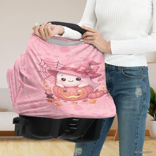 Image of Wanyint Baby Car Seat Cover Cute Carseat Canopy for Babies Boys Girls Multi-Use Nursing Breastfeeding Covers Nursing Scarf Halloween Decoration, Cute Ghost Witch Pumpkin Pink