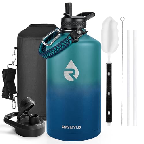 Image of RAYMYLO One Gallon Water Bottle Insulated, Triple Walled Vacuum Stainless Steel (Cold for 48 Hrs), Leak Proof & Non-BPA, Large Water Flask Jug with Paracord Handle & Straw Spout Lids