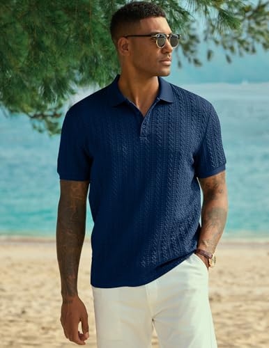 Image of JMIERR Men's Cable Knit Polo Shirts Elasticity Short Sleeve | Men's cable knit polo shirt with elasticity, machine wash, short sleeve, breathable textured knit for spring summer
