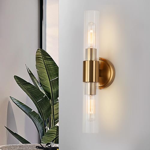 Image of Gold Bathroom Light Fixtures with Clear Glass, Brushed Brass Modern Wall Sconces Over Mirror, Vanity Lights for Bathroom Living Room Bedroom Hallway E26 T10 Bulbs(Exclud)