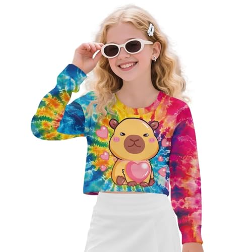 BYCHECAR Hauts courts pour filles de 5 à 14 ans, vêtements d'automne mignons et légers, Capybara Tie Dye, 13-14 ans
