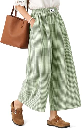 Image of TARSE Women Wide Leg Capri Pants Loose Gingham Plaid Culottes Summer Elastic Waist Palazzo Trousers Bottoms with Pockets