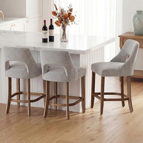 Image of UVV Bar Stools Set of 3, Upholstered Counter Height Bar Stools, Modern Counter Stools with Wood Legs for Kitchen Island Dining Room Bar, Light Grey