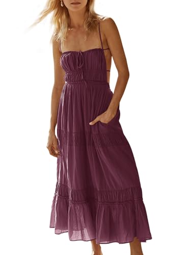 Wenrine Womens Summer Beach Dresses Backless Spaghetti Straps Self Tie Tiered Flowy Casual Maxi Dress with Pockets