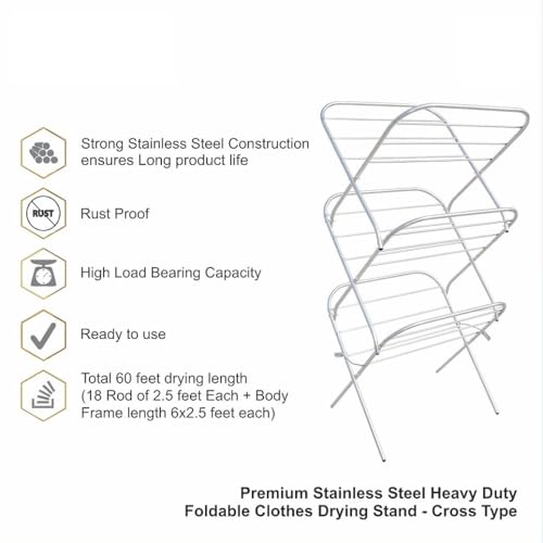 Image of Familia- Stainless Steel Clothes Drying Stand | Foldable Laundry Drying Rack | Rust Resistant Space Saving Cloth Dryer Stand for Home, Indoor, Outdoor, Balcony & Bathroom | CS 24 x 2.5 FM-SS