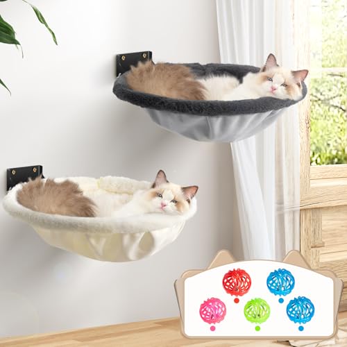Cat Hammock Wall Mounted, Foldable & Stable Cat Beds- Breathable Cats Wall Shelves for Sleeping, Playing, Climbing, and Lounging - Maximum Hold Up to 30lb(Gray+Cream,Faux Rabbit Fur) Gray+Cr