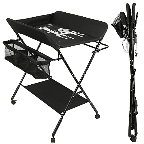 Wickeltisch Klappbar, Höhenverstellbare Wickelkommode, Traglast bis 15 kg, Anwendbare Mütter Höhe: 145-175 cm (Schwarz)