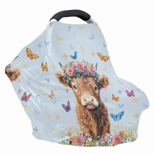 Image of Wanyint Highland Cow Butterfly Blue Infant Car Seat Cover, Baby Carseat Scarf Stretchy Nursing Scarf Car Seat Canopy Breathable Nursing Cover for Boys Girls