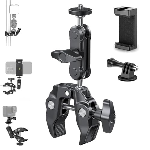 Image of Action Camera Super Clamp Mount with Mobile Clip & Mount, 1 /4 inch Screw and 3 /8 inch Screw Hole,360 Double Ball Head Magic Arm for Action Camera, Light, DSLR, Pole, Bike for Insta 360, Go Pro, DJI