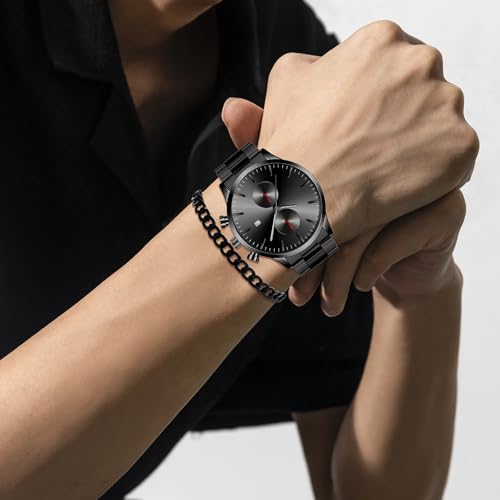 NEWITIN 4 Pieces Black Jewelry Set for Men Stainless Steel Watch Necklace Bracelet Ring Fashion Black Wristwatch Cuban Link Chain Cuban Jewelry Set for Men - Image 6