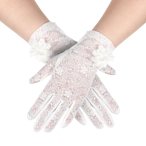 1 Pairs White Lace Gloves for Wedding Tea Party, Women Short Fingerless Floral Gloves for Tea Party Wedding Prom Halloween