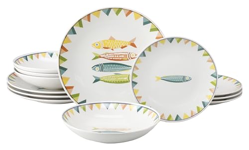 CreaTable, 25400 Série Sardinhas Pastel Service de table 12 pièces pour 4 personnes en grès Passe au lave-vaisselle et au micro-ondes Fabriqué au Portugal