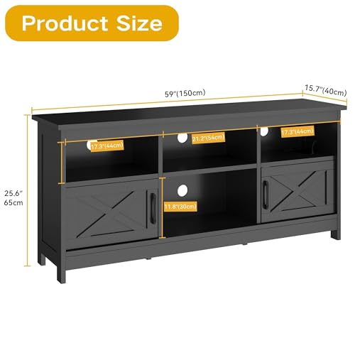 DWVO Black TV Stand for 65 Inch TV, Entertainment Centre, TV Cabinet with Power Outlet & LED Light Strip, Media Console Television Stands, Living Room Furniture 59 Inch