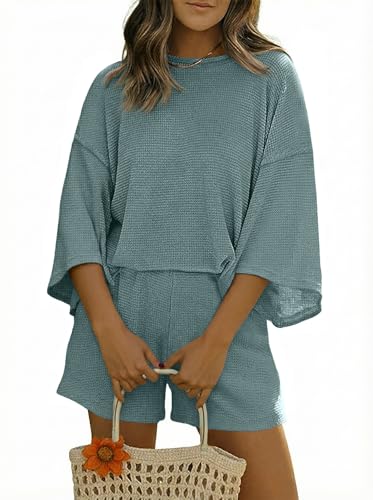 Image of Tankaneo Womens Short Sets 2 Piece Outfits 3 /4 Sleeve Tops and Elastic Waist Shorts Lounge Set Casual Loungewear