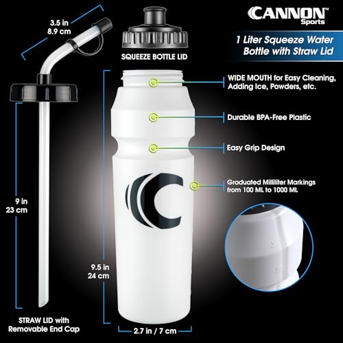 Image of Cannon Sports 1 Liter Sports Water Bottle, BPA-Free, 34 Oz Capacity, Large Mouth, 2 lids (Straw and Squeeze), Great For Helmet Sports Such As Hockey, Lacrosse, Football, Boxing (White)