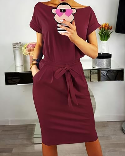 Image of PRETTYGARDEN Women's Summer Short Sleeve Crewneck Striped Dress Basic Solid Tie Waist Office T Shirt Dresses Pockets