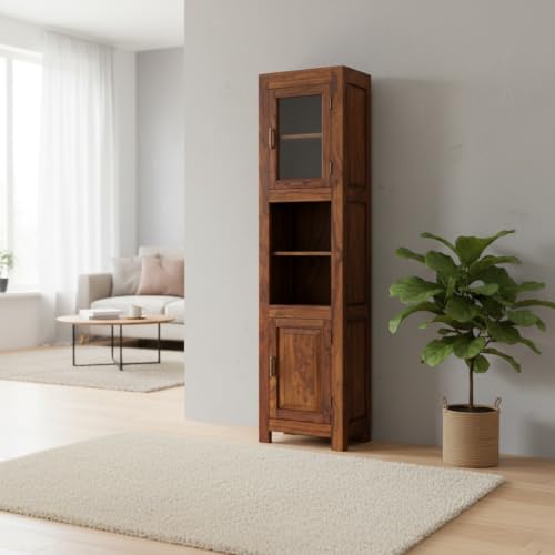 Image of APRODZ Mango Wood Crockery Cabinet with Glass Door | Wooden Kitchen Storage Cabinet for Dining Room Living Room & Bedroom | Tall Storage Cabinet with Shelves | Display Cabinet for Home with Two Doors