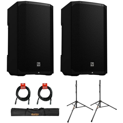 Electro-Voice EVERSE 12 Weatherized Battery-Powered Loudspeaker with Bluetooth Audio and Control Black (Pair) Bundle with Auray Steel Speaker Stands with Case and 2X XLR Cable