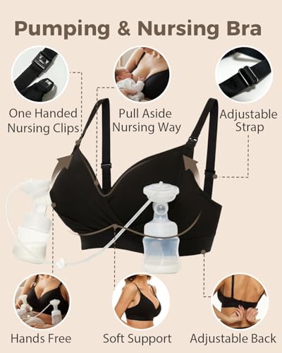 Image of Pumping Bra Hands Free Adjustable V Neck Nursing and Pumping Bra with Nursing Pads Holding Breast Pumps