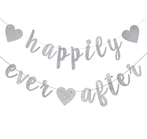 Image of Happily Ever After Silver Glitter Bunting Banner, Engagement, Bridal Shower, Wedding Party Photo Booth Props Signs,Pre-Strung Cursive Bunting