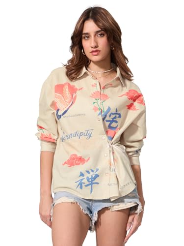 Image of The Souled Store Cotton Linen Shirt: Unbound Women and Girls Long Sleeves Collared Neck Button Front Beige All Over Printed Cotton Linen Boyfriend Shirts