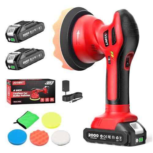 Avhrit Cordless Car Buffer Polisher kit w/ 2x2000mAh 21V Batteries, 6 Inch Car buffer Waxer Kit w/ 6 Variable Speed & Extra Attachments, Polisher for Car Detailing,Boat Sanding,Scratch Removing