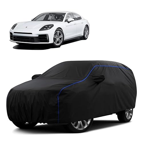 Image of Sulfar 100% Water Resistant Car Body Cover Compatible with Mirror for Porsche Panamera (Triple Stitched, Full Bottom Elastic, Black Tafetta with Blue Piping)