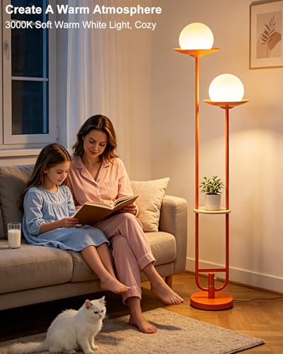 Image of Orange Dimmable Double Globe Floor Lamp with Shelf, 63 inch 2-Light Mid Century Modern Standing Lamp for Living Room Bedroom, 3000K Warm White Tall Pole Lamp with Foot Switch for Home Office