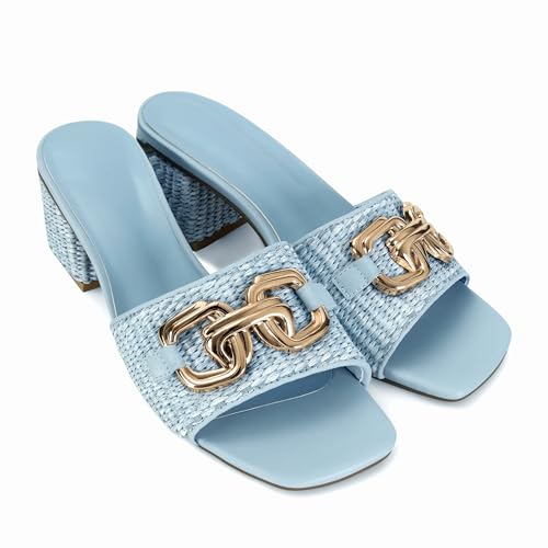 Image of SOVANYOU Women's Raffia Sandals Square Toe Slip on Mules Comfortable Dressy Sandals Chunky Block Heels for Beach Party Vacation Shoes