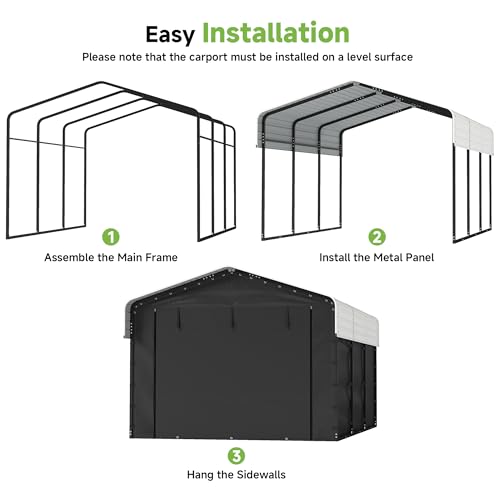 Image of Real Relax 10x15FT Heavy Duty Carport with Removable Sidewalls, Metal Car Port Multi-Use Outdoor Storage Trucks, Cars, Boats, Galvanized Metal Roof, Cream White