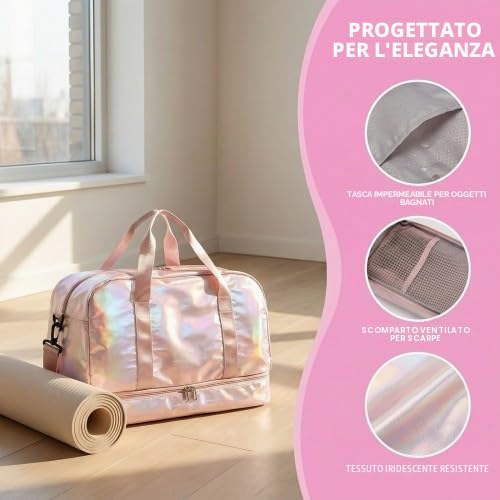 Borsone Palestra Donna con Scomparto Scarpe e Tasca Umida, Grande Borsa da Viaggio Impermeabile 40L, Borsone Sportivo per Piscina Yoga e Borsa Ospedale Parto, Bagaglio a Mano Leggero con Tracolla