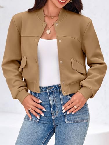Image of Tankaneo Womens Cropped Bomber Jackets Casual Button Down Long Sleeve Stand Collar Varsity Shacket Coats