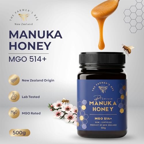 Image of THE FARMER'S BEE New Zealand Manuka Honey MGO 514+ (15+) | Monofloral Raw Honey | MGO Tested | Premium Imported Honey | Natural Face Mask, Skin Care & Minor Cuts | Throat & Respiratory Wellness | 500g