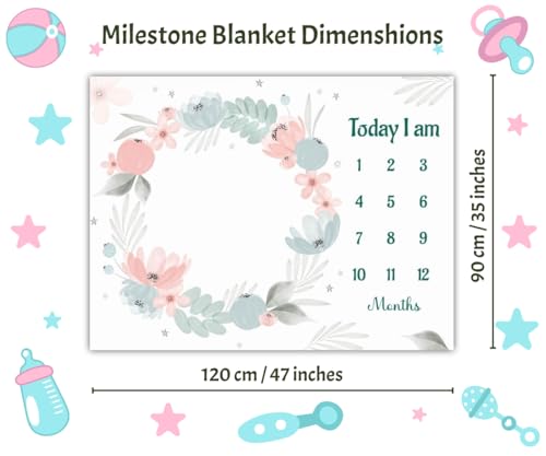 Image of Monthly Milestone Blanket Floral Design | 1-12 Months | Ultra-Soft & Skin-Friendly | Ideal for Newborn Boys & Girls | Perfect Baby Growth Tracker & Photoshoot Prop