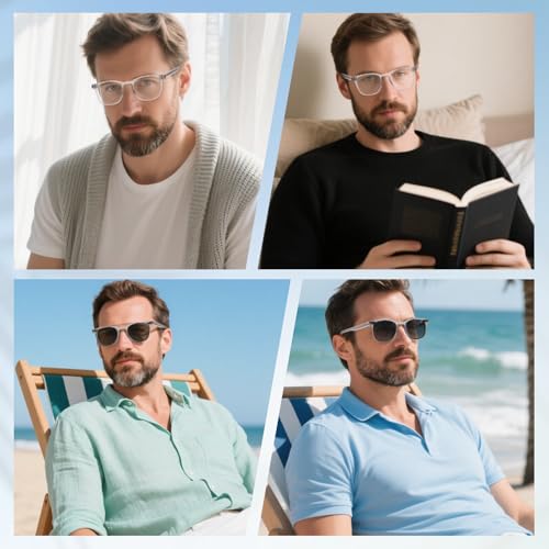 Image of DEHOTRE Non Prescription Glasses Eyeglasses Men with Magnetic Clip On TAC Polarized Sunglasses Acetate Frame Clear Lens Grey