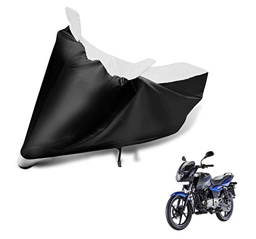 Image of Auto Hub Bike Cover Compatible with Bajaj Pulsar 150, Heatproof, Mirror Pocket, Belt & Buckle, Pulsar Bike Cover - 1 Unit, Black-White