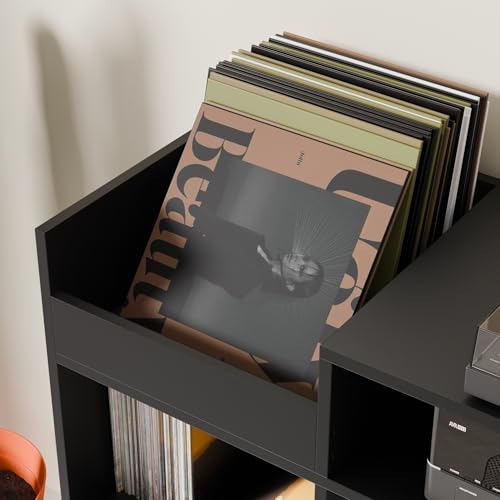 Cozy Castle Large Record Player Stand with Vinyl Storage Cabinet, Wood Turntable Table Open Shelf Holder Up to 500 Albums Cube Storage Organizer for Living Room, Office, Black