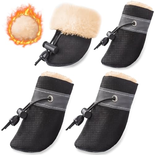 KATELUO Stivali per Cane, 4 Pezzi Scarpe Neve, Adatto per Cani di Piccola e Media Taglia, Antiscivolo E Caldo, per Attività All'aperto, Lavabile (S, Nero)