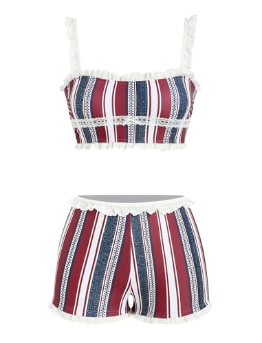 Image of ZAFUL Womens High Waisted Bikini Sets 2 Piece Plaid Ruffle Swimsuits Back Strap Top with High Waisted Shorts Bathing Suit