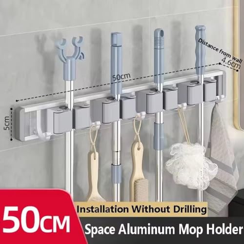Image of STAR WORK Heavy-Duty Space Aluminum Wall Mop & Broom Holder, Waterproof Organizer with Dual Non-Slip Grips and Utility Hooks, No-Drill Adhesive Mount for Kitchen, Bathroom. (4 MOP HOLDER 5 HOOKS)