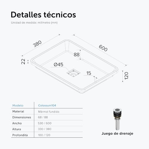 Miniatura 7 de Doporro Lavabo Encastrado Para Baños 53x33x10,5cm Blanco Mate De Mármol Fundido Rectangular Con Tapa Desagüe