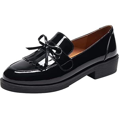 XIEWANG Women's Patent Leather Bows Tassels Flats Loafer Shoes (6.5, Black Bows) Cover