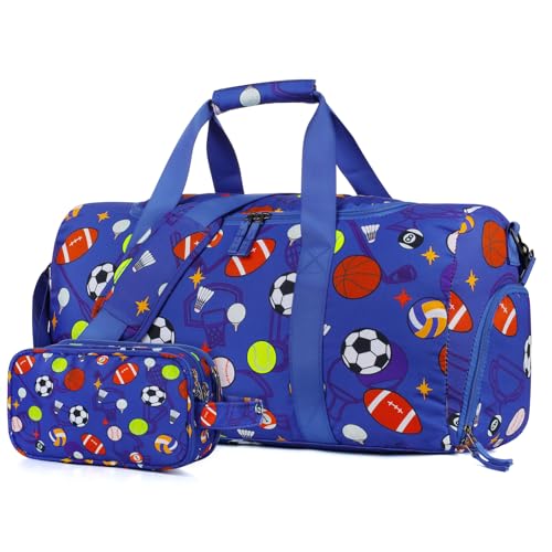 Vipdeal Boys Duffle Bag for Travel Kids Duffle Bag Large Weekender Overnight Bags with Kids Toiletry Bag Set Shoe Compartment Carry on Soccer Balls Blue