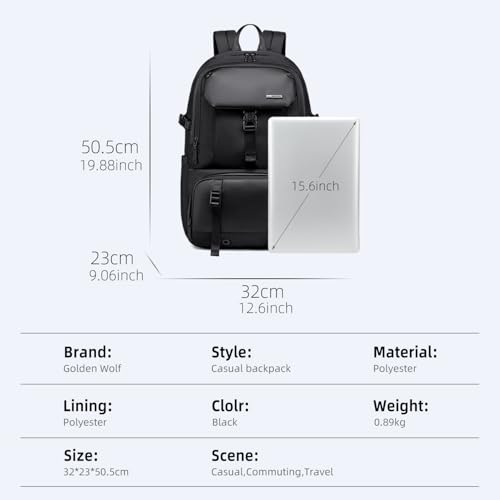 Image of GOLDEN WOLF Expandable Travel Backpack for Men Large 27L to 37L 15.6-inch Office Laptop Bag with Waterproof Pocket Multi-fucntion Water-resistant Sleek Business Backpack for Work Weekend, Black