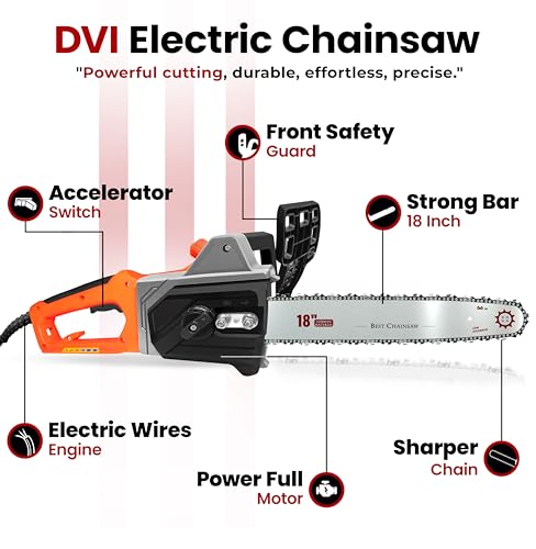 Image of DVI Electric Chainsaw With 18-Inch Guide Bar With 2300 W High Power Motor With Low-Kickback System | Perfect For Cutting Wood, Pruning and Harvesting Firewood | With Free 32 Feet Wire