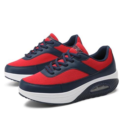 Women's Air Cushion Platform Sneakers, Breathable Mesh Lace-Up Casual Shoes, Comfortable Shock Absorption Walking Trainers for All-Day Wear (Red,7)