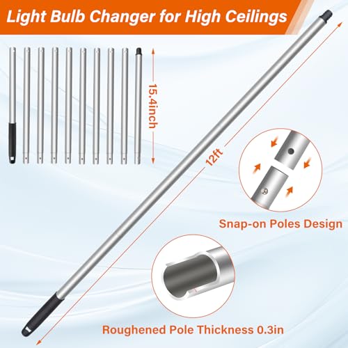 ACTREY 12FT Light Bulb Changer,Light Bulb Changer for High Ceilings Light Bulb Changer with Pole,Light Bulb Extension Pole Changer,High Reach Light Bulb Changer with Baskets Suction Cup - Thumbnail 3